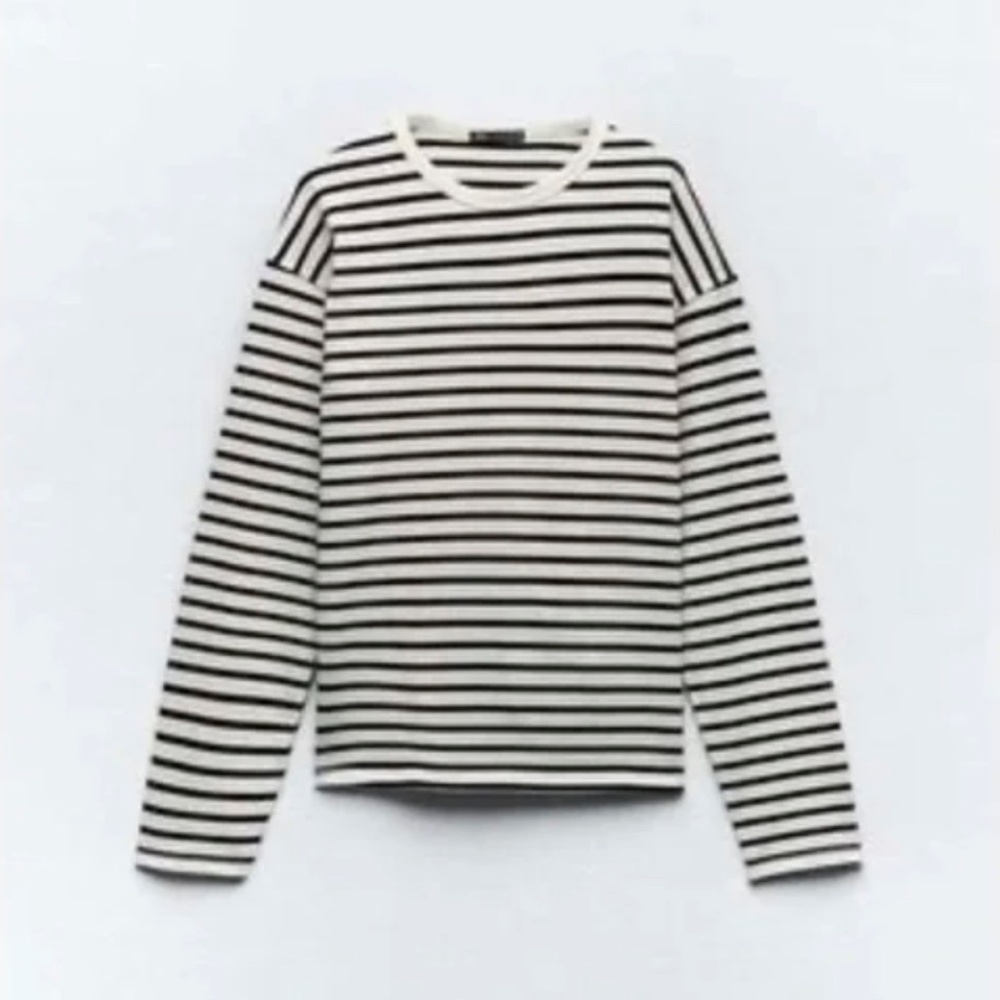 ZARA Black and White Stripped Long Sleeve Oversize Top T Shirt Sweatshirt Size S